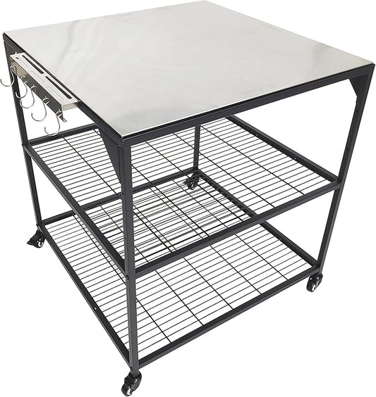 Three-Shelf Movable Stainless Steel & Steel Outdoor Dining Cart Table Pizza Oven Protable Grill and Heavy Duty Grill Cart Outdoor Table