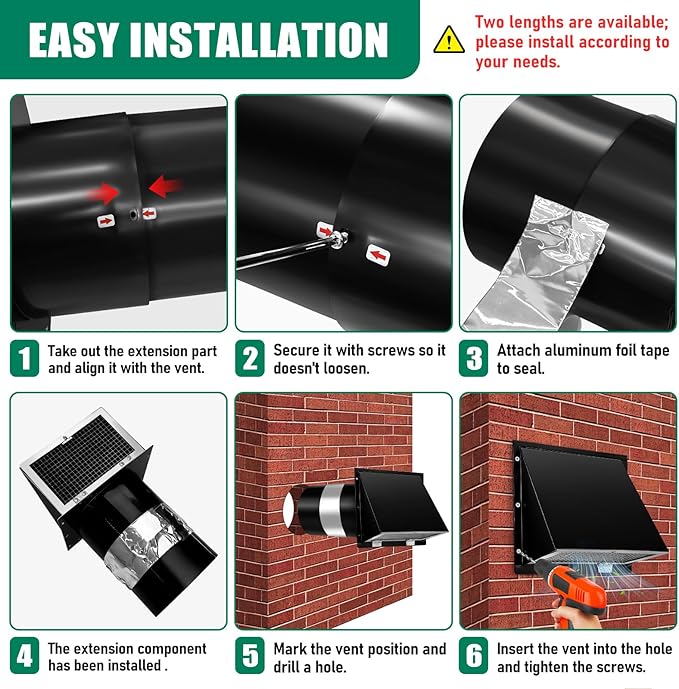 6 Inch Hooded Wall Vent Cover with Screen and Damper Galvanized Steel Exhaust Vent for Kitchen Range Hood HVAC Dryer, Black