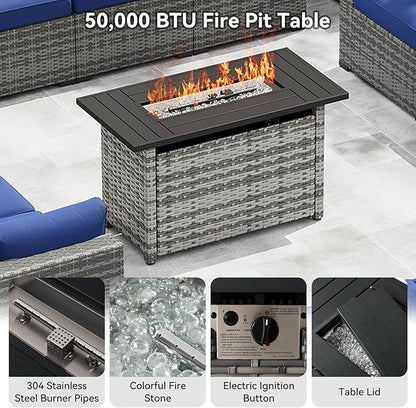 LazySunsets 15-Piece Patio Furniture Set with 44" Fire Pit Table, Wicker Outdoor Furniture, Patio Conversation Sets with Coffee Table, Outdoor Sectional Couch with Waterproof Cover, Blue