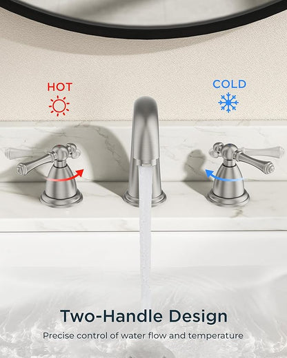 FORIOUS Faucet for Bathroom Sink 3 Hole,Brushed Nickel Bathroom Faucet Widespread with Pop Up Drain and Water Hose Supply, 2 Lever Handles Design,for Comercial Vanity RV Camper Sink