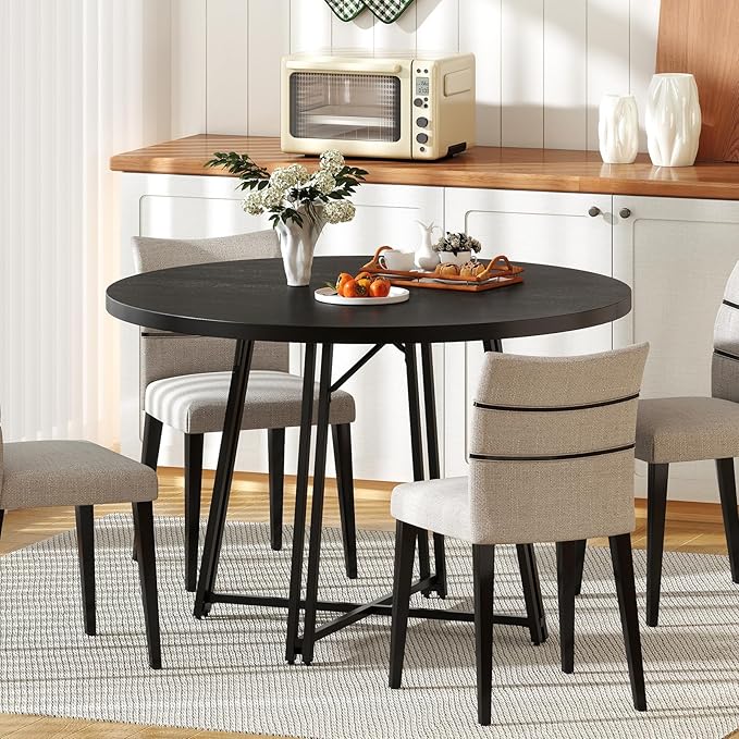 Giantex 47-inches Round Dining Table for 4-6 People, Kitchen Table with Metal Supporting Legs & Cross Base, Circle Dinner Tables for Dinette, Restaurant, Living Room, Dining Room (Black)