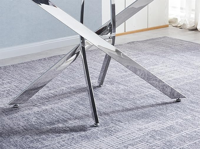 Luxury Silver Glass Dining Table for 4 Modern 51" Rectangular Kitchen & Dining Room Table with X-Shape Stainless Steel Base Large Clear Glass Top Dining Table for Home Office