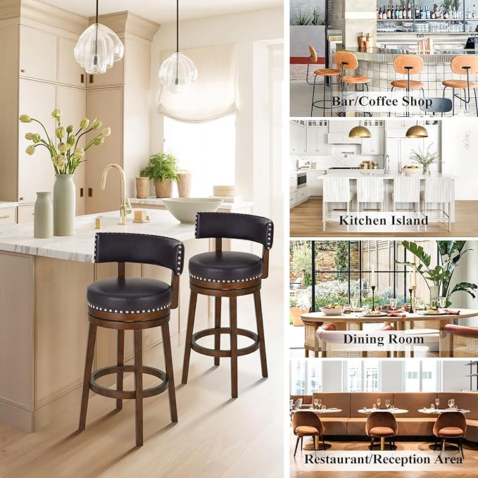 COLAMY Swivel Bar Stool, 30 Inch Counter Height Bar Stool, Wood Modern Upholstered Wooden Barstool with Back for Kitchen Island Dining Room Bar, Dark Brown