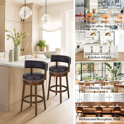 COLAMY Swivel Bar Stool, 30 Inch Counter Height Bar Stool, Wood Modern Upholstered Wooden Barstool with Back for Kitchen Island Dining Room Bar, Dark Brown