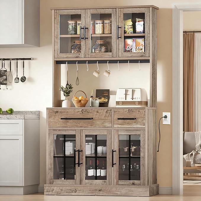 DWVO 71'' Tall Kitchen Pantry Storage Cabinet with Charge Station, Farmhouse Glass Display Food Pantry Hutch with Microwave Stand & Hooks & Drawers & Shelves for Home Living Dining Room, Lvory Grey