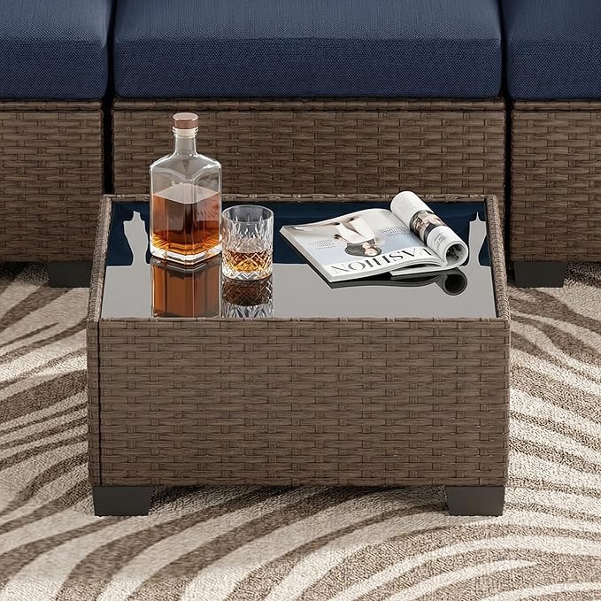 Patio Furniture Set, 7-Piece Outdoor Sectional Couch with Coffee Table & Thick Cushions, Outdoor Wicker Conversation Set for Backyard, Poolside, Garden (Brown-Navy, 7 Piece-Single)