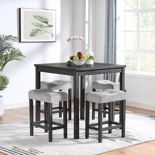 Ball & Cast 5 Piece Wooden Dining Table and Chairs Set for 4, 24"H Tufted Counter Stools with 34.2" Square Bar-Table, Industrial Breakfast Table with 4 Padded-Stool for Kitchen Island Playroom, Black