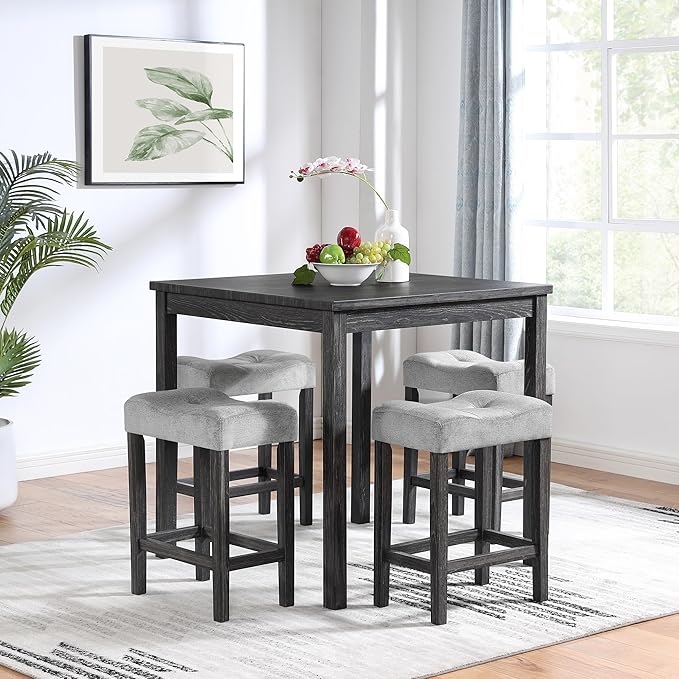 LKTART Dining Bar Table and Chairs Set 5 Piece Bar Table Set, Industrial Breakfast Table with 4 Padded Stools for Kitchen Dining Room Living Room (Black + Gray)