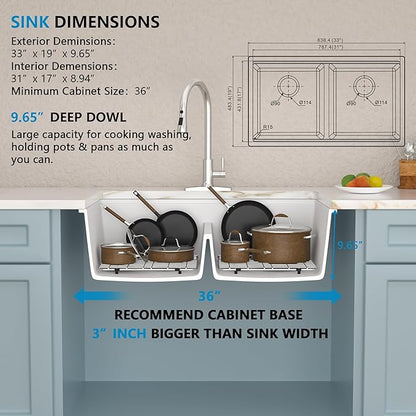 33 Granite Composite Kitchen Sink Double Bowl - Fulorni 33"x19" Granite Kitchen Sink Ledge Workstation White Undermount Double Bowl 50/50 Quartz Classic Under Counter Basin