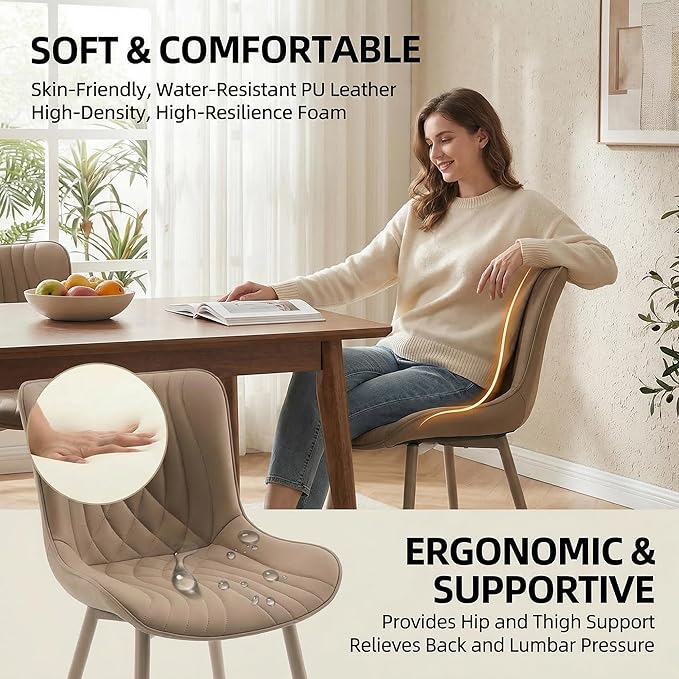 Kidol & Shellder Dining Chairs Set of 2, Mid Century Modern Kitchen Chairs with Metel Legs Armless, PU Leather Upholstered Side Chair for Dining Room, Living Room, Lounge, Restaurant, Khaki
