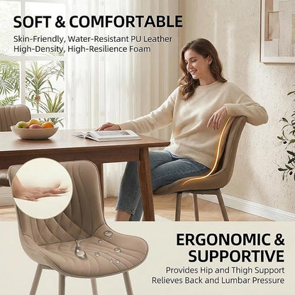 Kidol & Shellder Dining Chairs Set of 2, Mid Century Modern Kitchen Chairs with Metel Legs Armless, PU Leather Upholstered Side Chair for Dining Room, Living Room, Lounge, Restaurant, Khaki