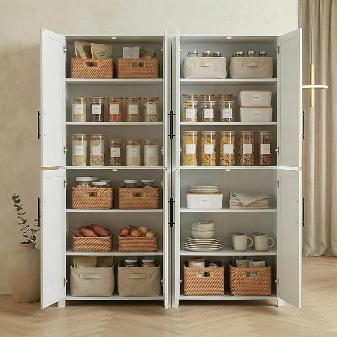 Casaphoria Kitchen Pantry Cabinet, 67" Tall Freestanding Kitchen Cabinet with 4 Adjustable Shelves, 56" W Storage Cabinet for Kitchen Pantry Organization (White, Double)