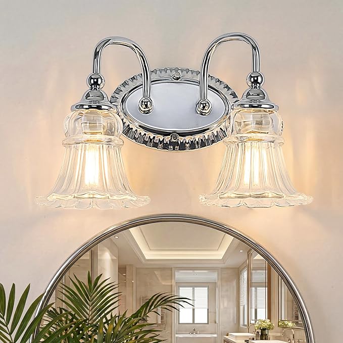 2-Light Bathroom Light Fixtures Vintage Chrome Vanity Lights Over Mirror with Floral Glass Shade for Bathroom Powder Room, Living Room Hallway