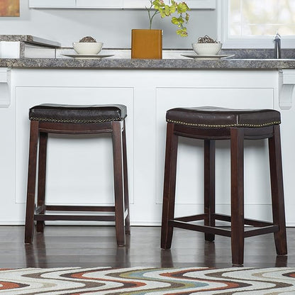 Linon Kingston Brown Wooden Backless 26.5 Inch Seat Height Counter Stool with Brown Faux Leather Upholstered Seat and Nailheads