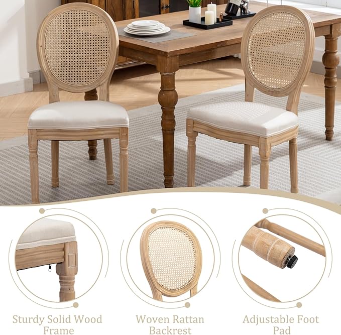 Linen Wooden Dining Chair Set of 2, Upholstered Farmhouse Dining Chair with Solid Wood Frame, Kitchen & Dining Room Chairs for Living Room, Restaurant, Bedroom (Beige-Rattan, Set of 2)