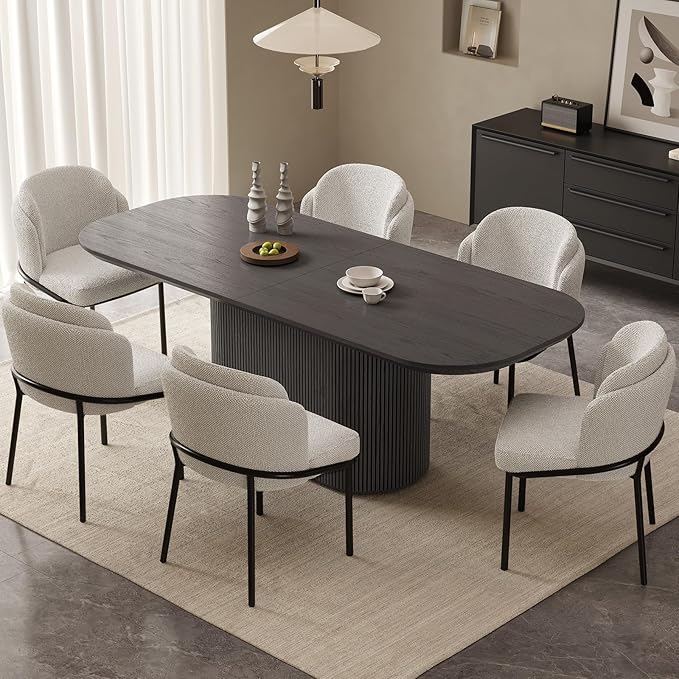 Miuuod 86.61" Extra Large Black Grey Dining & Kitchen Table Set,Kitchen Table Island with 6 Chairs,Oval Dinner Table with Round Corners for Dining Room,Home Office,Living Room Furniture