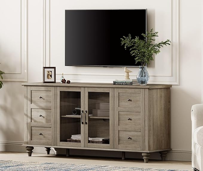 WAMPAT Farmhouse Sideboard Buffet Cabinet with Glass Door & Adjustable Shelf, Wooden Coffee Bar Table with Solid Wood Leg, Kitchen Storage Cabinet for Dining Room, Grey, 58 Inch