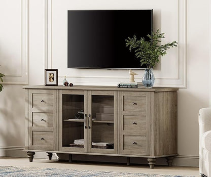 WAMPAT Farmhouse Sideboard Buffet Cabinet with Glass Door & Adjustable Shelf, Wooden Coffee Bar Table with Solid Wood Leg, Kitchen Storage Cabinet for Dining Room, Grey, 58 Inch
