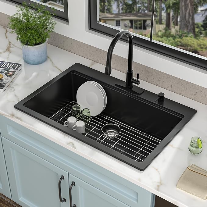 33 Granite Composite Kitchen Sink - Fulorni 33"x22" Granite Kitchen Sink Drop In Topmount Ledge Workstation ‎Matte Black Quartz Classic Above Counter Single Bowl Sink Basin