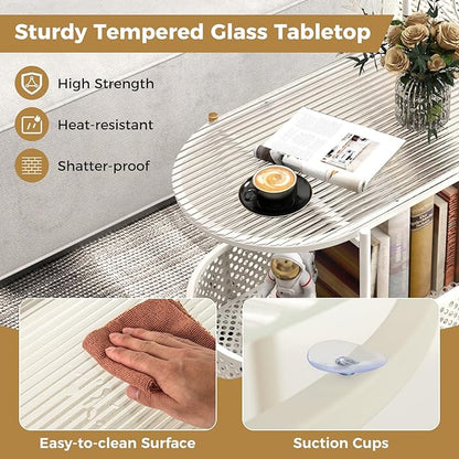 Giantex Mobile Glass Coffee Table, 2-Tier Modern Cocktail Table with Bear Pattern, Storage Basket & Metal Frame, Sofa Side Tea Table on Lockable Wheels, Center Table for Living Room, Bedroom (White)