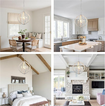White Farmhouse Orb Chandelier for Dining Room- 4 Light Modern Pendant Light Fixture, Rustic Wood Hanging Lights for Kitchen Island Living Room Bedroom Entryway