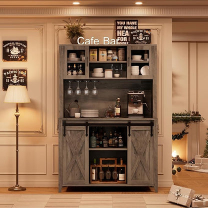 IDEALHOUSE 70'' Wine Coffee Bar Cabinet with Storage Hutch, Tall Kitchen Pantry Liquor Cabinet with Sliding Barn Doors, Bottle Glasses Rack, Farmhouse Buffet for Home Dining Room, Gray Oak