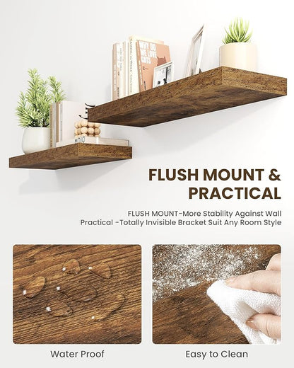Marsmiles 24" Floating Shelves for Wall, Wooden Shelves with Invisible Brackets Set of 2, Rustic Farmhouse Wall Mounted Shelf for Kitchen Bathroom Living Room Study, Rustic Brown