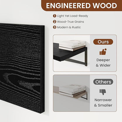 Deep Wall Shelves 30"W x 12"D Engineered Wood Floating Shelves for Wall, Sturdy Metal Bracket Bookshelves Home Decor Storage for Living Room Bedroom Bathroom Kitchen, Set of 2, Black Finish