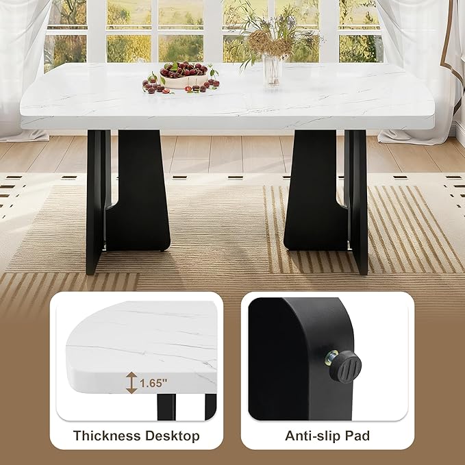 63" 350Lbs Capacity Faux Marble Island Table, Rustic Dining Table with Geometric Legs, Farmhouse Dining Table with Floor Pads for Gatherings, White+Black