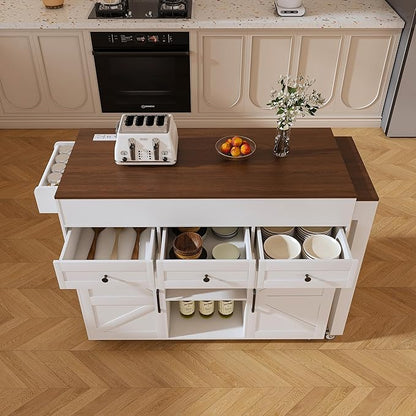 KEIKI 74.8" Kitchen Island with Extendable Dining Table, Rolling Cart with Power Outlet, 3 Drawers & Storage Cabinet on Wheels for Kitchen, Dining Room, White
