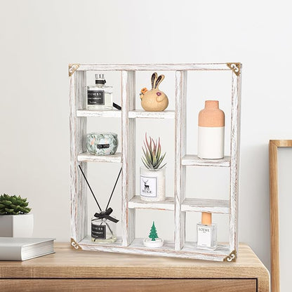 17.7x15.7-Inch Shadow Box Shelf 9-Slot Rustic Floating Shelves Larger Wall Mounted Shelf Lightweight Solid Wood Display Shelf Freestanding Farmhouse(9C-Rustic White)