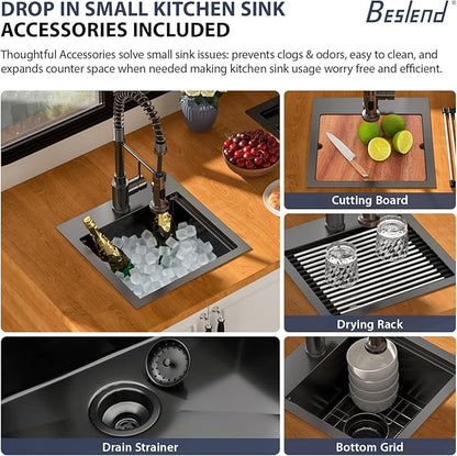 15 Inch Drop In RV Bar Sink - Beslend 15x15 Gunmetal Black Topmount Sink for RV Camper, Black Stainless Steel Wet Bar Workstation with Cutting Board, Roll-up Rack, Drain Assembly & Rinse Grid