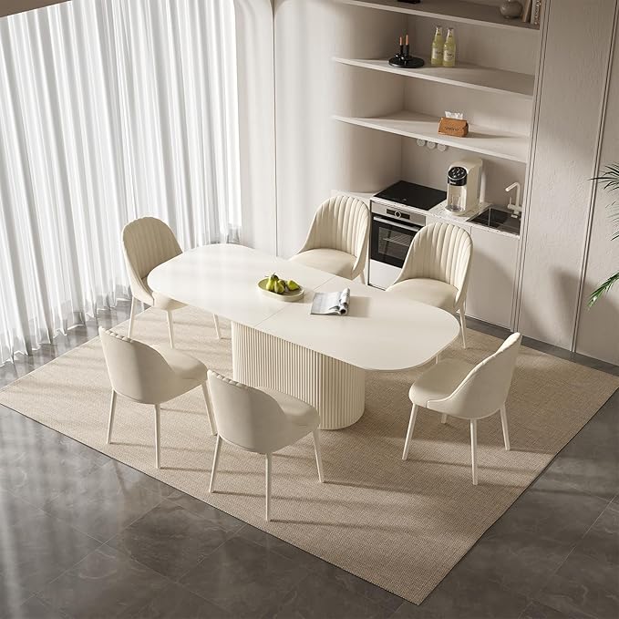 Miuuod 86.61" Cream White Dining Table Set for 6 People Large Kitchen Table with 6 Chairs Rectangular Wood Dining Room Furniture Oval Base Modern Farmhouse Table for Living Room Home Office