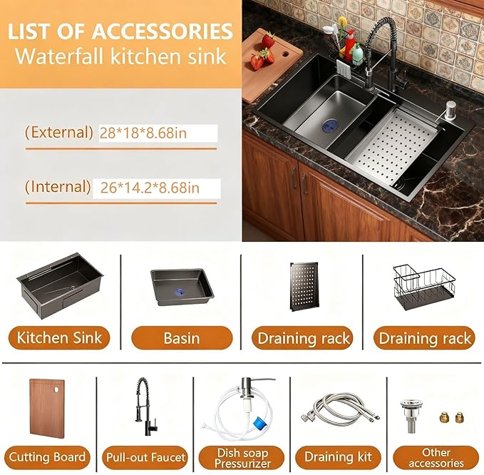 28 Inch Black Drop-In Stainless Steel Kitchen Sink: Single Bowl Deep Scratch Resistant 16 Gauge Workstation with Faucet & Accessories Combo for Family Kitchen