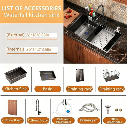28 Inch Black Drop-In Stainless Steel Kitchen Sink: Single Bowl Deep Scratch Resistant 16 Gauge Workstation with Faucet & Accessories Combo for Family Kitchen