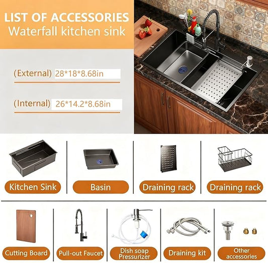 28 Inch Black Drop-In Stainless Steel Kitchen Sink: Single Bowl Deep Scratch Resistant 16 Gauge Workstation with Faucet & Accessories Combo for Family Kitchen