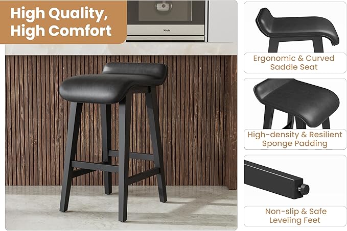 IDEALHOUSE 26.2" Solid Wood Bar Stools Set of 4, Counter Height Bar Stools with Wide PU Leather Upholstered Seat, Barstools Set for Kitchen Islands, Counter Bars, Black