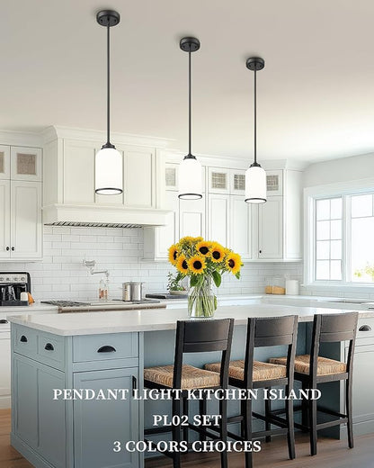 LIROUVET 2 Pack Pendant Lights Kitchen Island, Modern Pendant Lights, Black Hanging Lamp with Milk Glass, Industrial Pendant Light Fixtures for Dining Room PL02 MGBK-2PK