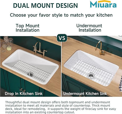 Miuara White Undermount Kitchen Sink 32 Inch - Large Topmount Fireclay Drop In Sink 32"x19"x10", Dual Mount Heavy Duty Deep Single Bowl, with 2 Custom Accessories, Glossy White, for Kitchen