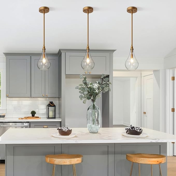 LALUZ Gold Pendant Light Kitchen Island Modern 1-Light Pendant Light Fixtures Adjustable Hanging Pendant Lighting with Teardrop Seeded Glass Shade