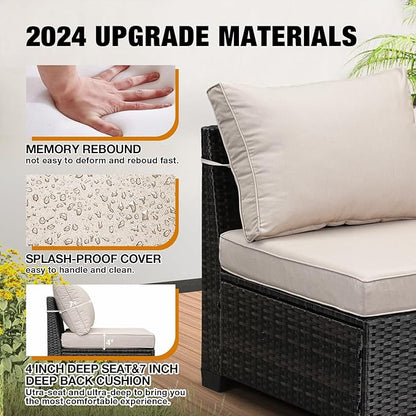 JOYURE 7 Pieces Patio Furniture Set All-Weather Outdoor Wicker Sectional Conversation Sofa Rattan Patio Seating Sofa with Cushion and Glass Table and Ottoman for Porch,Beige