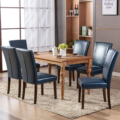 COLAMY Upholstered Parsons Dining Chairs Set of 6, PU Leather Dining Room Kitchen Side Chair with Nailhead Trim and Wood Legs - Blue