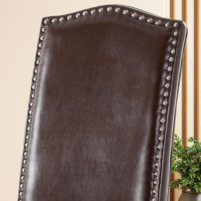 Upholstered Dining Chair Modern Stylish Parsons Kitchen Diner High Back with Silver Nailhead Trim & Wood Legs, Set of 2, PU Leather Dark Brown