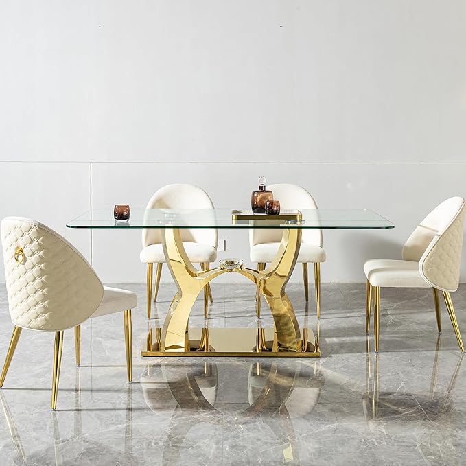 68.9" Rectangle Glass Dining Table for 6 People, Modern Luxury Kitchen Table with Tempered Glass Top, Gold Stainless Steel Curved Base with Crystal Decoration