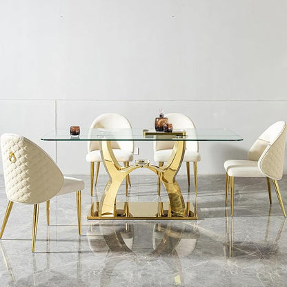 68.9" Rectangle Glass Dining Table for 6 People, Modern Luxury Kitchen Table with Tempered Glass Top, Gold Stainless Steel Curved Base with Crystal Decoration