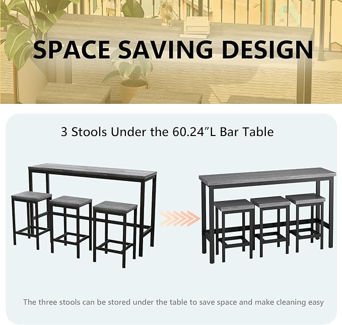 Merax Modern Design 4-Piece Counter Height Extra Long Dining Table Set with 3 Stools and Side Table with Footrest,Space-Saving Pub Kitchen Set,Easy Assembly,Grey