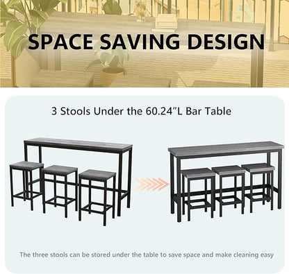 Merax Modern Design 4-Piece Counter Height Extra Long Dining Table Set with 3 Stools and Side Table with Footrest,Space-Saving Pub Kitchen Set,Easy Assembly,Grey