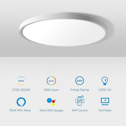 MELEGAN 2Pcs RGB Smart Ceiling Light, Super Slim LED Flush Mount Ceiling, WiFi Compatible with Alexa Google Home,12Inch 24W Dimmable 2700K-6500K for Bedroom, Kitchen, Dining Room, Basements