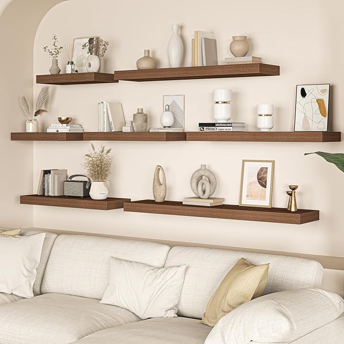 Walnut Floating Shelves for Wall, 55 Inch Floating Shelves Set of 1, Wall Mounted Rustic Wood Shelf for Bathroom, Living Room, Bedroom and Kitchen, Hanging Shelf for Storage, Books, Home Decor