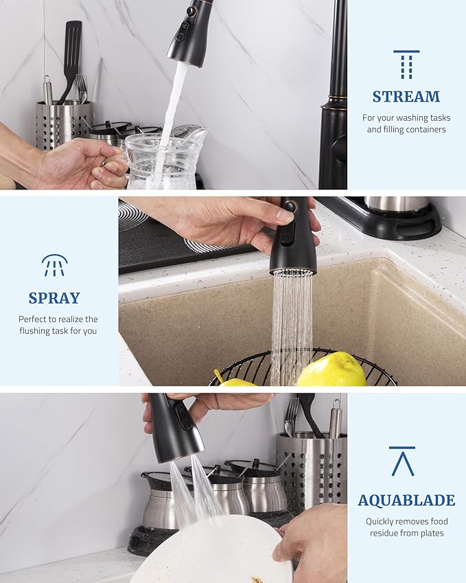 Metal Kitchen Faucet Head Replacement - with 15 Adapters, Pull Down Spray Head for Kitchen Faucet, 3 Function Sprayer Nozzle Stainless Steel, Oil Rubbed Bronze